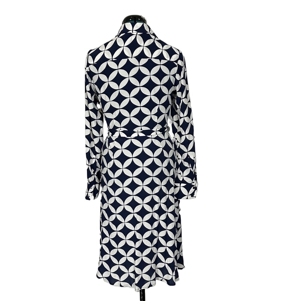 Boden Shirt Dress Geometric Petal Print 4R Navy White Belted Long Sleeve Midi - Picture 6 of 9